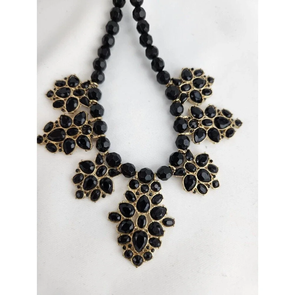 Gold‎ Tone Black Floral Beaded Statement Necklace Clasp Bracelet Earrings